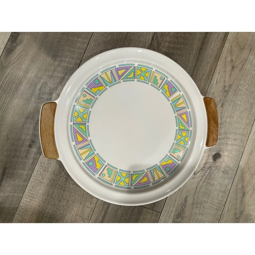 Oneida Serving Tray Round Southwestern Geometric Pastel Wood Handles vintage